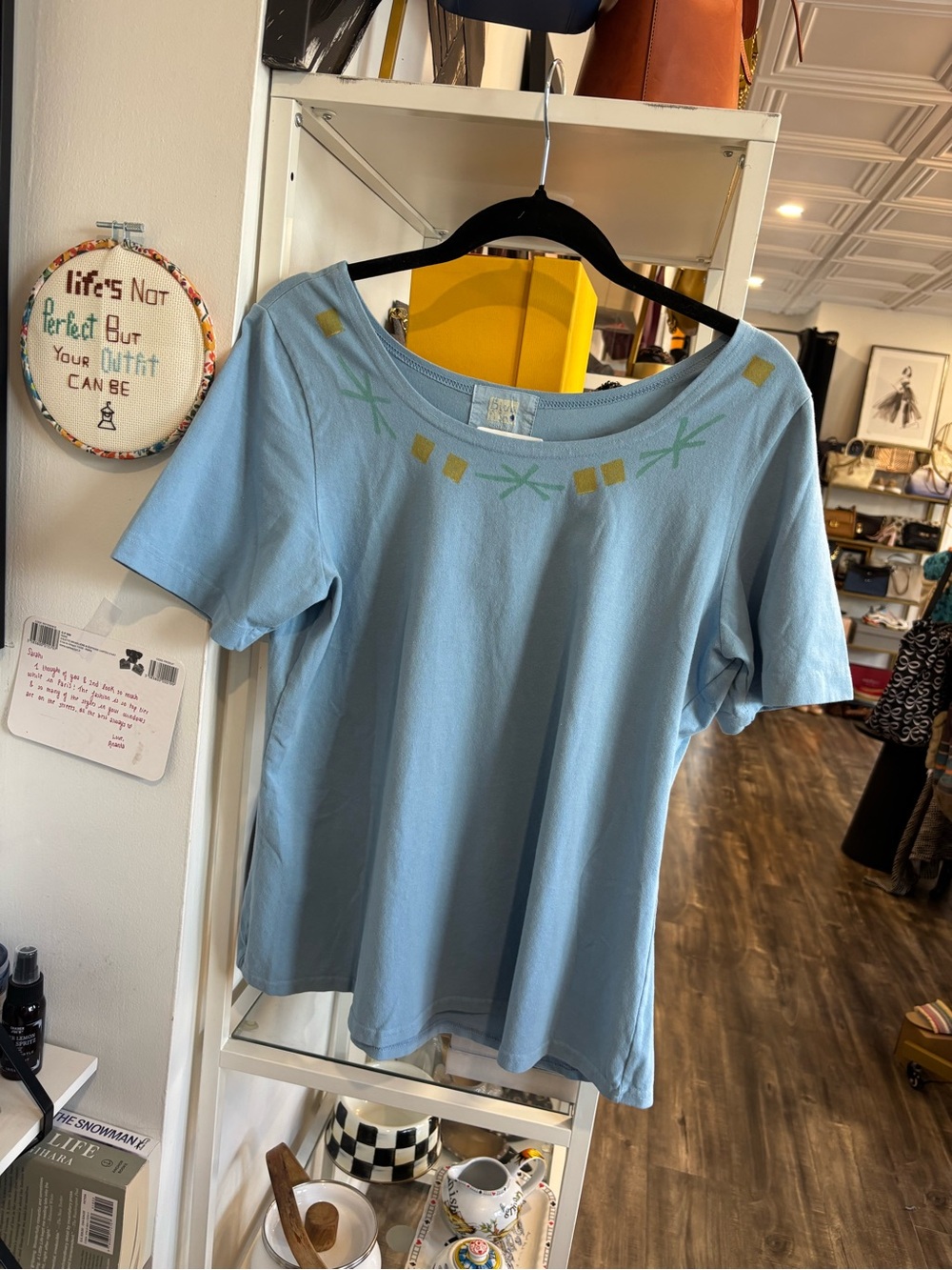 Blue Fish Light Blue Scoop Neck Tee with Yellow & Mint Accents NWT